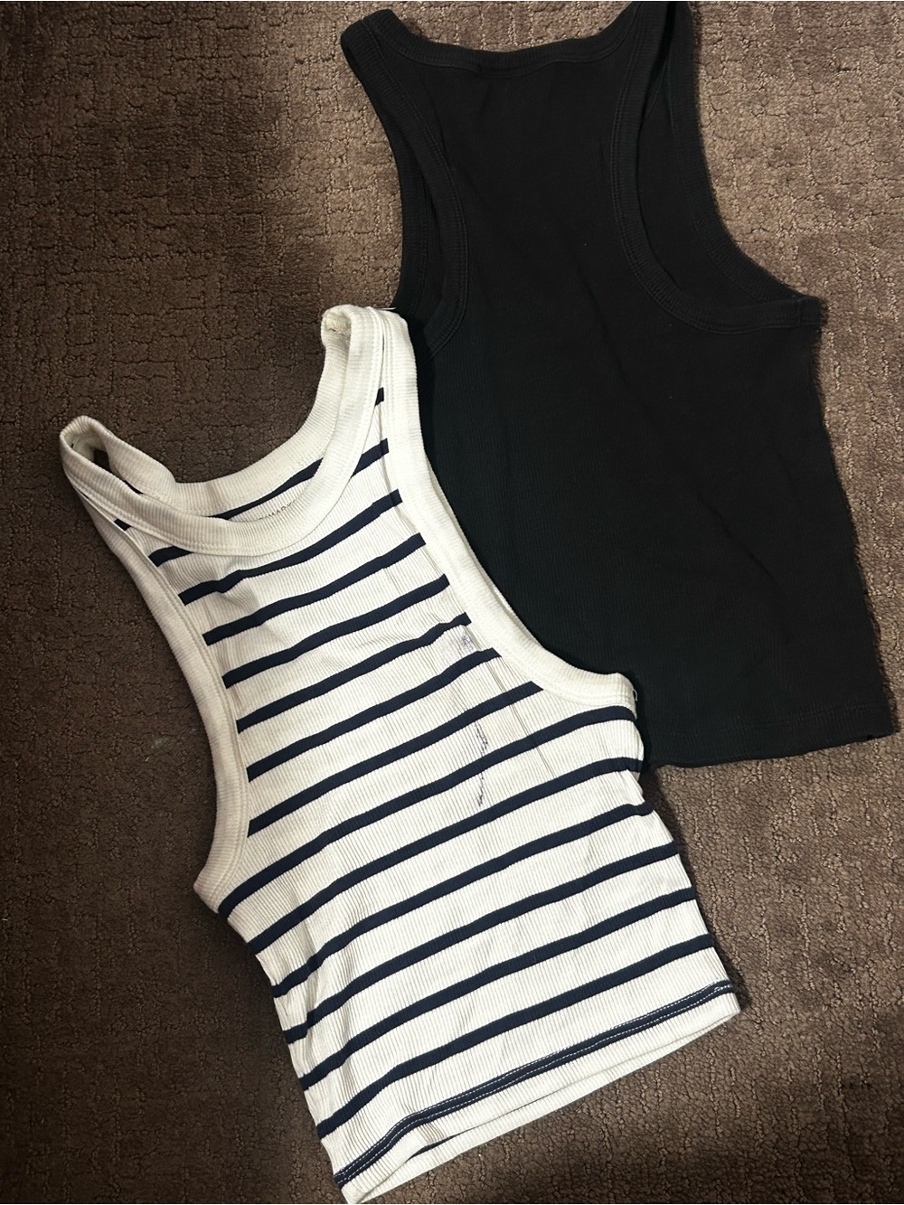 Striped White & Navy Crop Tank + Black Ribbed Tank (2-Pack)